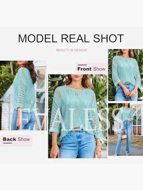 Crochet Hollow Out Pullover Sweater 3/4 Sleeve Beach Cover Up - Picture 6 of 7